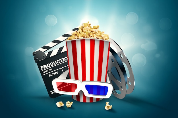 Photo cinema, cinema attributes, cinemas, films, online viewing, popcorn and glasses.