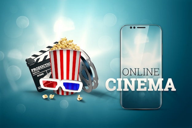 Cinema, cinema attributes, cinemas, films, online viewing, popcorn and glasses.