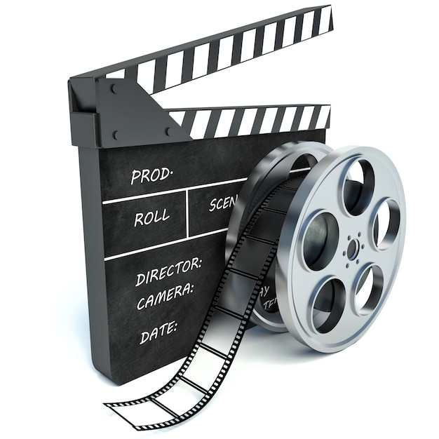 Cinema clap and film reel over white background