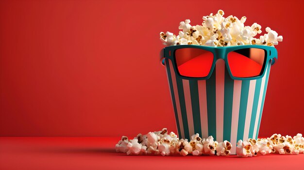 Cinema concept with popcorn bucket and 3D glasses on red stylish and fun representation of movie time AI