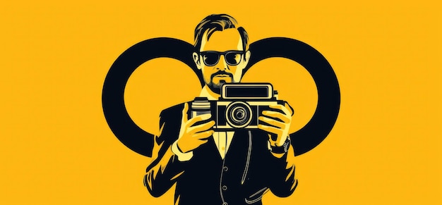 Cinema Director or Cameraman Holding Film Camera in His on a yellow background Generative AI