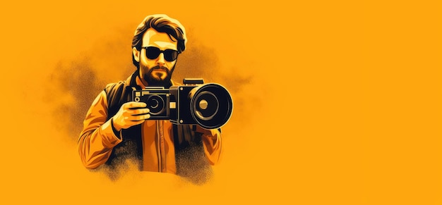 Cinema Director or Cameraman Holding Film Camera in His on a yellow background Generative AI