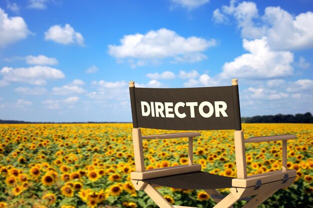 Cinema Directors Chair in front of Sunflowers Field on a white background. 3d Rendering