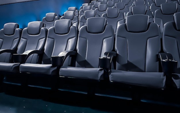 Cinema and entertainment empty dark movie theatre seats for tv\
show streaming service and film industry production