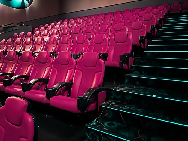 Cinema and entertainment empty pink movie theatre seats for tv show streaming service and film industry production branding