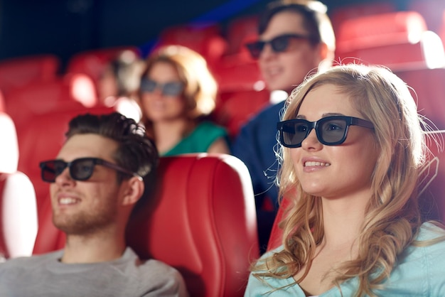 cinema, entertainment and people concept - happy friends with 3d glasses watching movie in theater