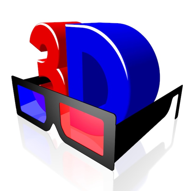 Photo cinema glasses and 3d word threedimensional movies concept