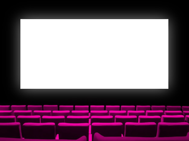 Cinema movie theatre with pink velvet seats and a blank white\
screen. copy space background