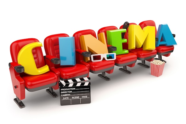Кино, фильм или видео концепция. Ряд сидений с попкормом, очками и хлопушкой, изолированные на белом. 3d
