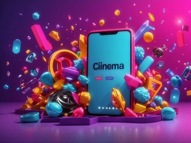 Cinema online bright poster with frame of 3d elements huge smartphone with empty screen template