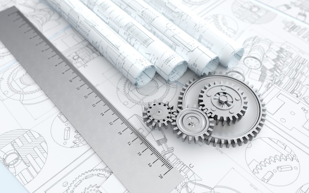 Cinema rendering of an abstract with gear for building construction plans