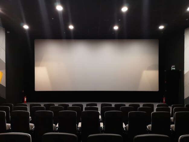 Cinema screen and empty chairs.