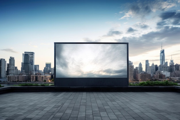 cinema screen with a cityscape in the background