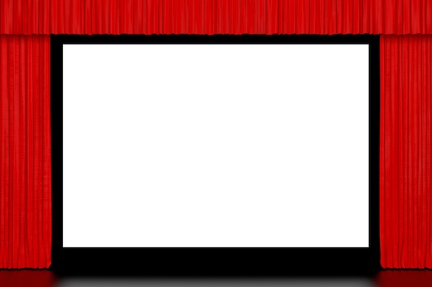 Экран кино с крупным планом открытого красного занавеса крайним. 3d рендеринг