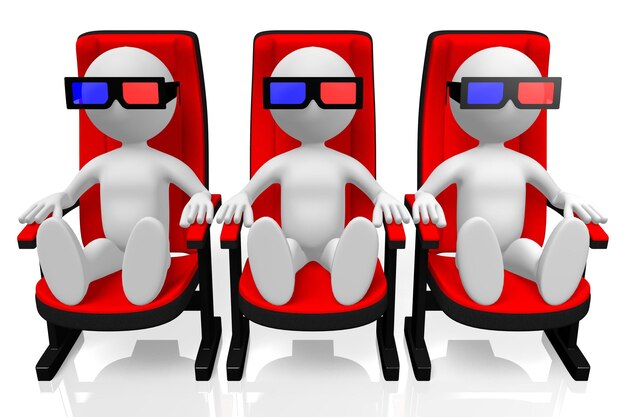 Photo cinema seats and cartoon characters wearing retro red and blue glasses 3d illustration