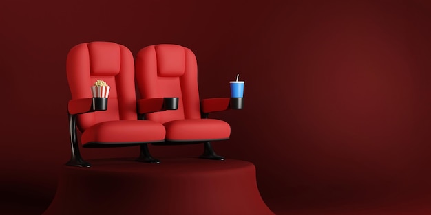 Coppia di sedili cinematografici in piedi sul tappeto rosso acquista il concetto di biglietto per il cinema notte di film rendering 3d