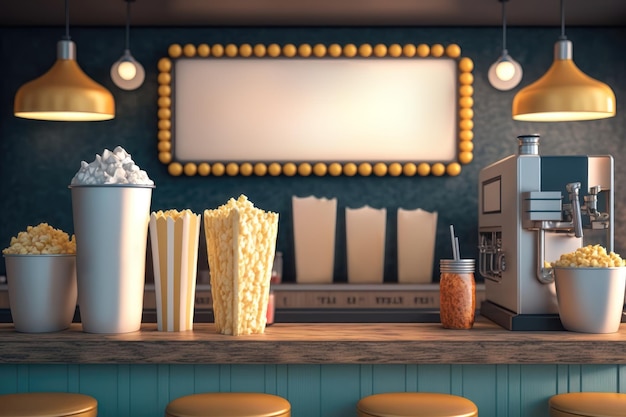 Cinema snack bar with popcorn and soft drinks AI generated