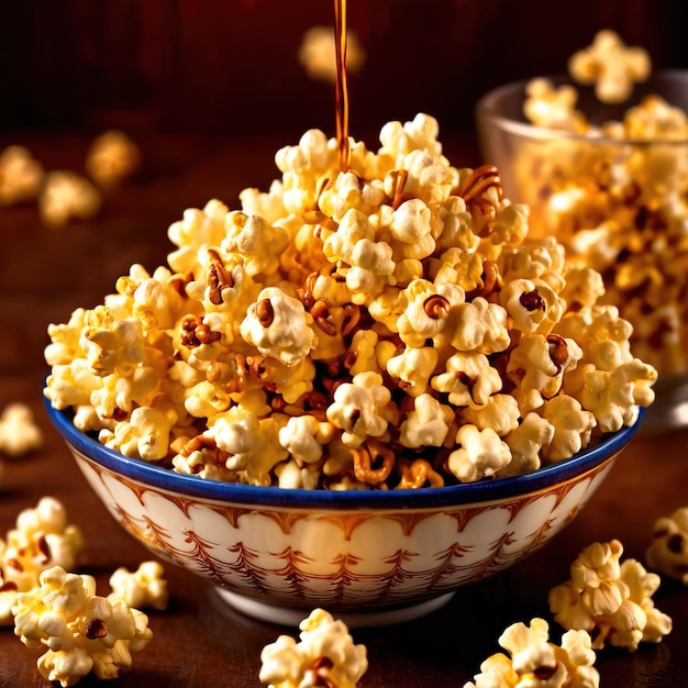 Cinema style caramel popcorn rich with butter and syrup