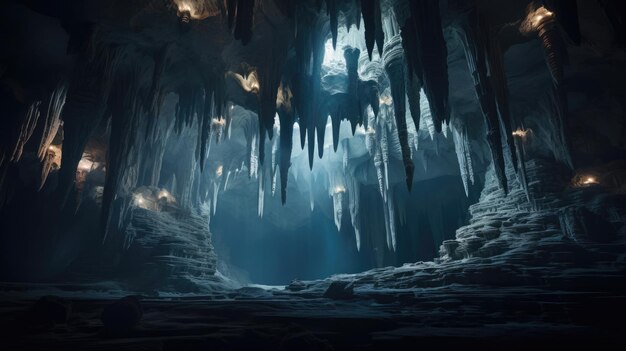 Cinema in subterranean wonder bioluminescent lighting stalactites