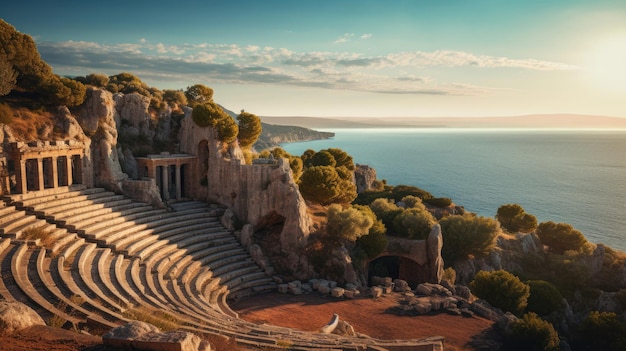 Cinema te midden van Griekse ruïnes historische omgeving met uitzicht op zee