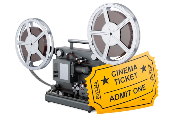 Cinema tickets with film projector 3D rendering