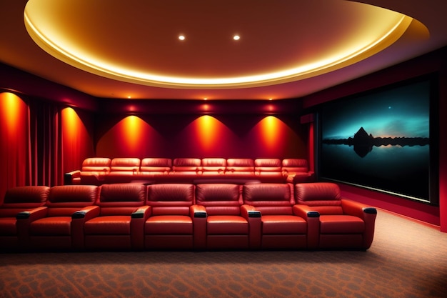 A cinema with a large screen that says'the sky is the limit '