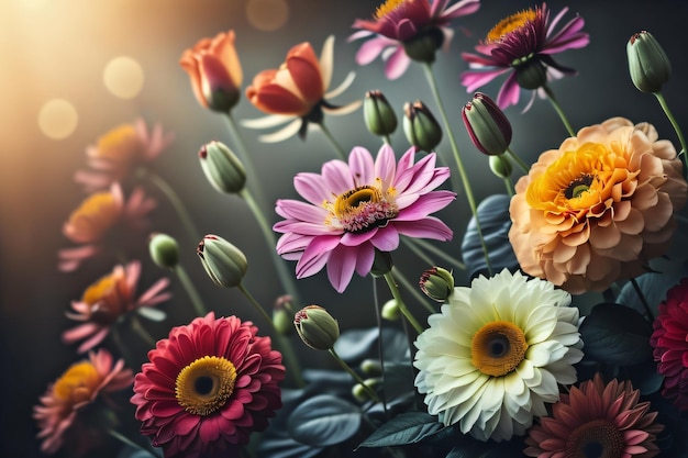 Фото Кинематографический прохладный и спокойный красивые красочные цветы обои фон с генеративным ai