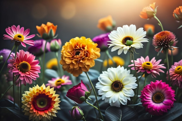Cinematic cool and calm beautiful colorful flowers wallpaper background with generative ai