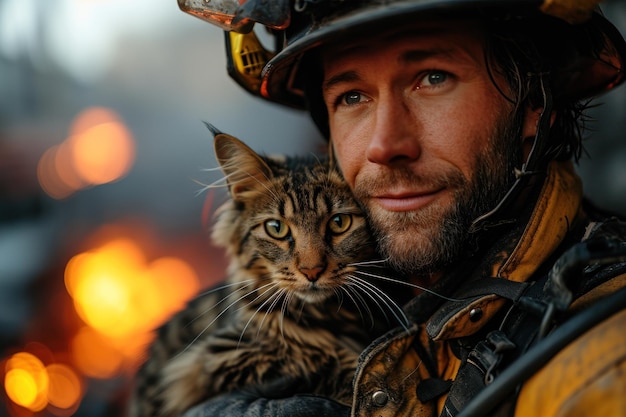 A cinematic depiction of a brave and handsome firefighter holding a cat