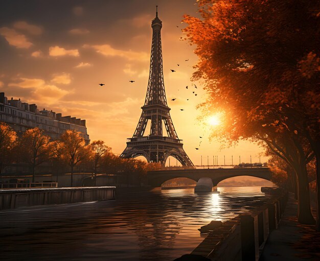 cinematic eiffel tower is seen at sunset in autumn