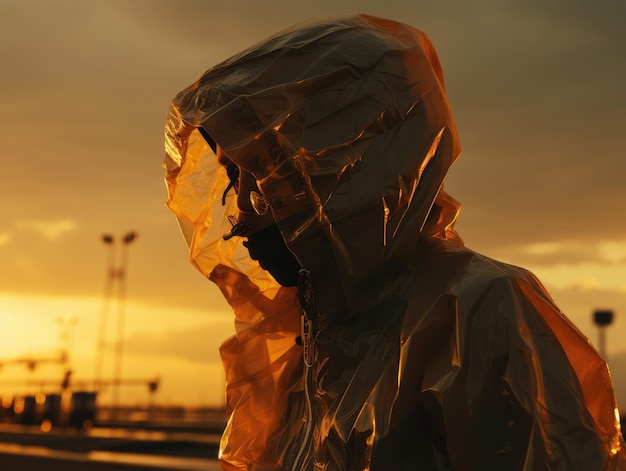 cinematic extra close up shot of a man in ppe coverall suit movie still ai generated