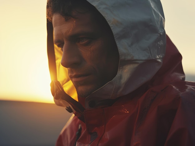 cinematic extra close up shot of a man in ppe coverall suit movie still ai generated