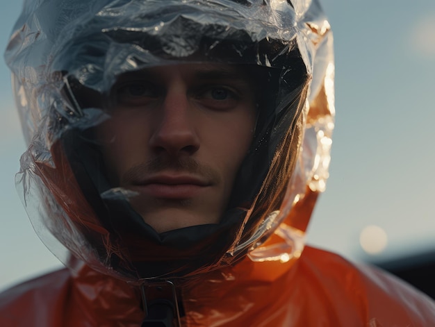 cinematic extra close up shot of a man in ppe coverall suit movie still ai generated