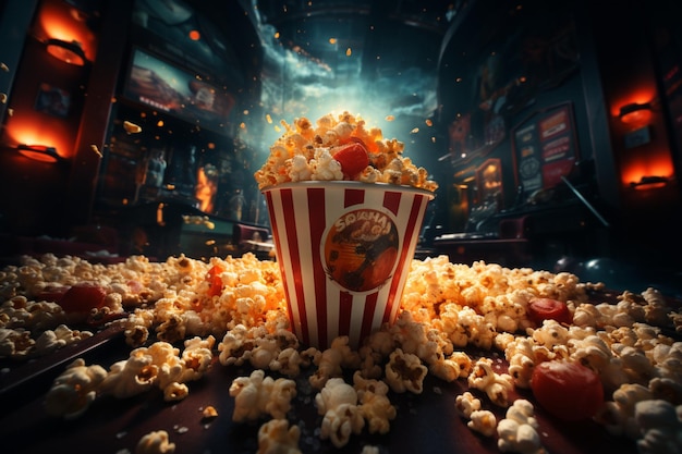 Cinematic extravaganza Poster showcasing tickets large tub of popcorn fizzy drink