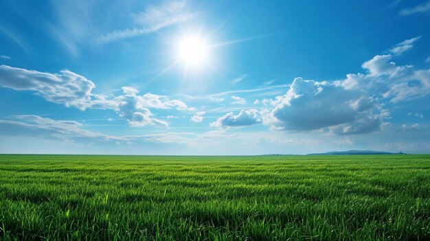 cinematic eye catching view of green field and blue sky generated by ai