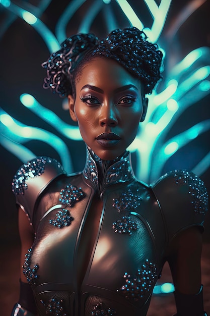 Photo cinematic fashion shoot of a beautiful ebony girl in a futuristic club with redshift bioluminescence ai generated