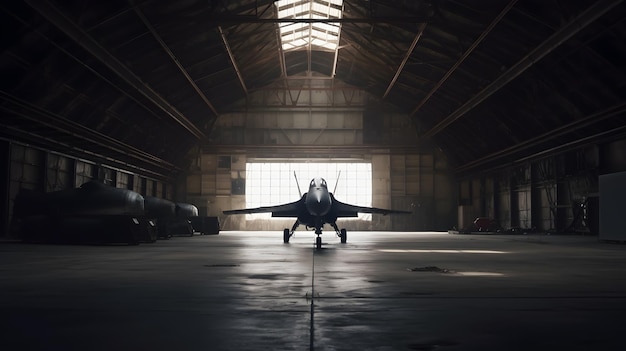 Foto inquadratura frontale cinematografica del jet da combattimento di quinta generazione in un hangar abbandonato scuro con sfondo di appendiabiti per aereo
