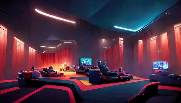 Foto sala giochi cinematografica nell'interno del gioco futuristico del metaverso