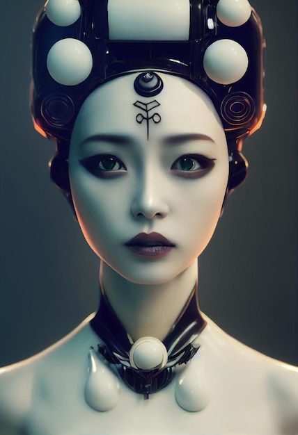 cinematic illustration of an android robot geisha woman as cinematic and photorealistic character made out of ivory porcelain face ai neural network computer generated art