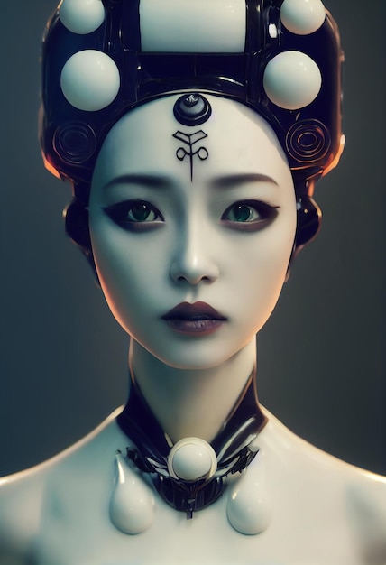 Cinematic illustration of an android robot geisha woman as\
cinematic and photorealistic character made out of ivory porcelain\
face ai neural network computer generated art