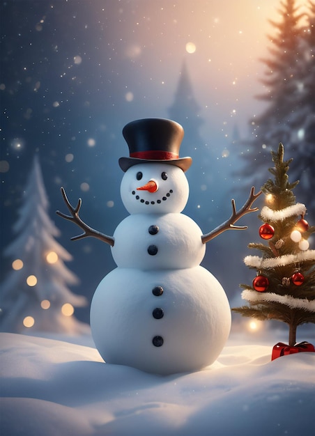 Кинематографическая иллюстрация милого забавного рождественского снеговика