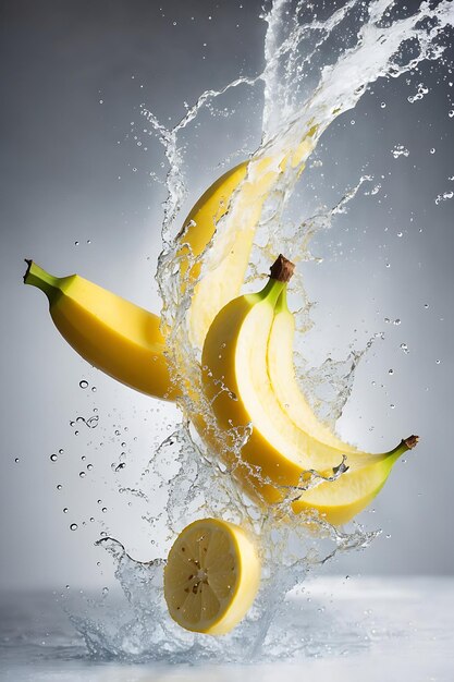 cinematic illustration of splash banana in water