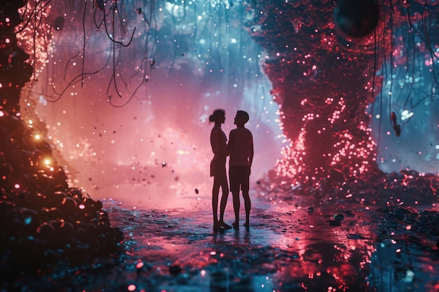 Photo a cinematic image capturing the poignant moment when two virtual lovers meet in person for the first time blending the lines between the digital and physical worlds