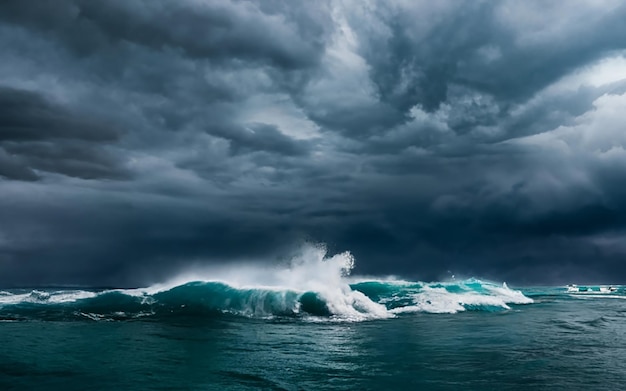 Foto un'immagine cinematografica di un oceano in una notte tempestosa