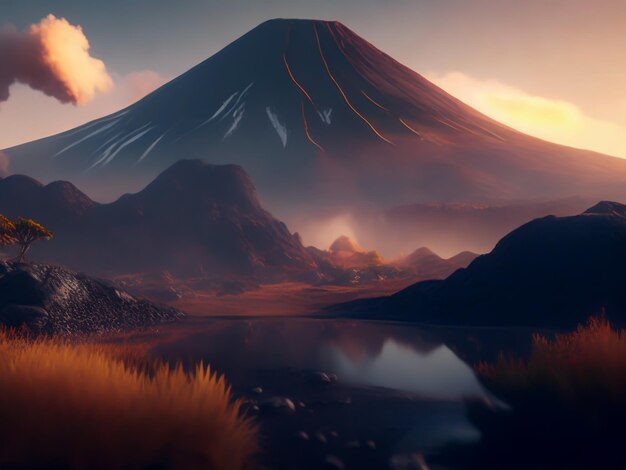 a cinematic location of scenic landscape with a couple of volcanoes