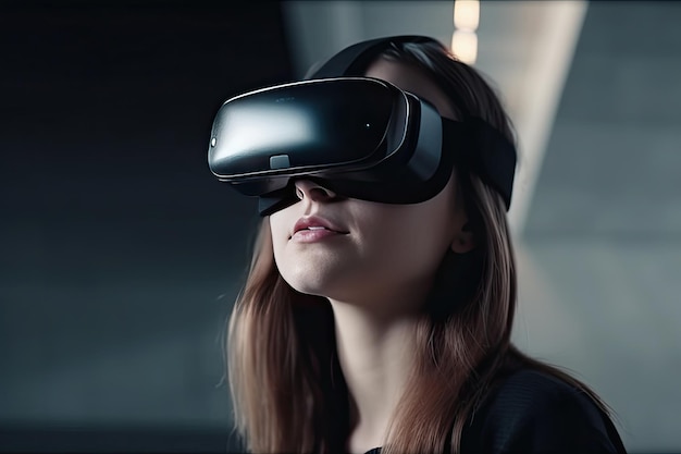 Photo cinematic minimal portrait of young girl wearing vr headset