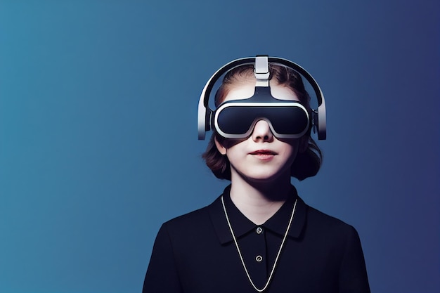 Cinematic minimal portrait of young girl wearing VR headsetsmirkingexperiencing VR headset game on colorful backgroundChild using a gaming gadget for virtual realityFuturistic goggles at young age