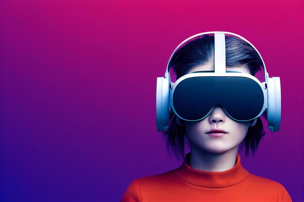 Cinematic minimal portrait of young girl wearing vr\
headsetsmirkingexperiencing vr headset game on colorful\
backgroundchild using a gaming gadget for virtual realityfuturistic\
goggles at young age