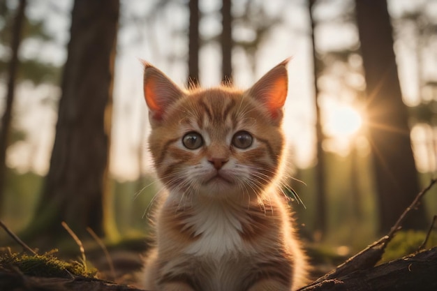 映画の気分 黄金の時間 夕暮れと愛らしい子猫の肖像画 AIによって生成された