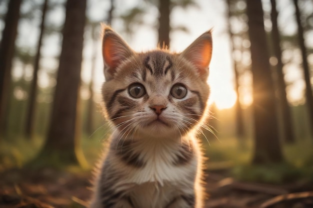 Кинематографическое настроение Золотой час Закат и очаровательный портрет котенка, сгенерированный ИИ